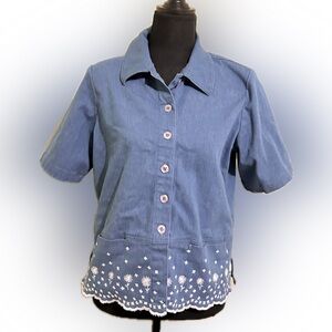 Alia Blue Button Down Shirt with White Embroidery